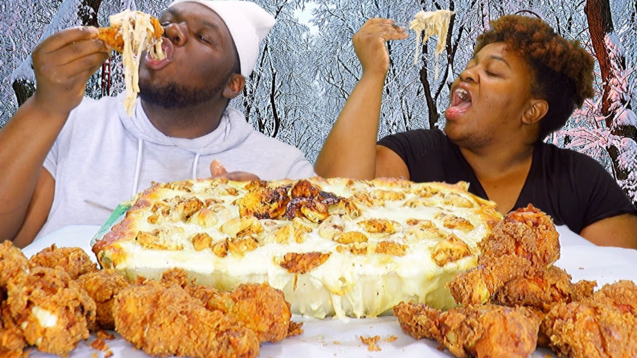 EXTRA CREAMY CHICKEN AND SHRIMP ALFREDO MUKBANG/ CRISPY FRIED CHICKEN