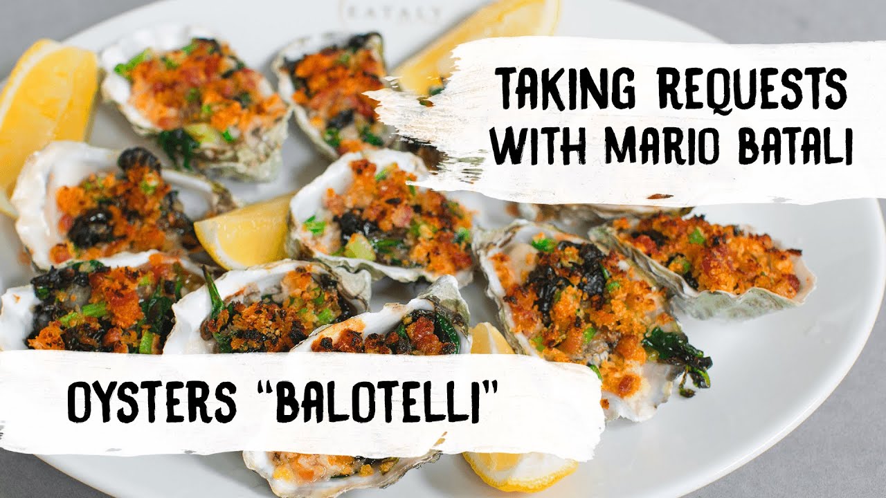 Mario Batali Cooks Crispy Oysters with Pancetta + Spinach