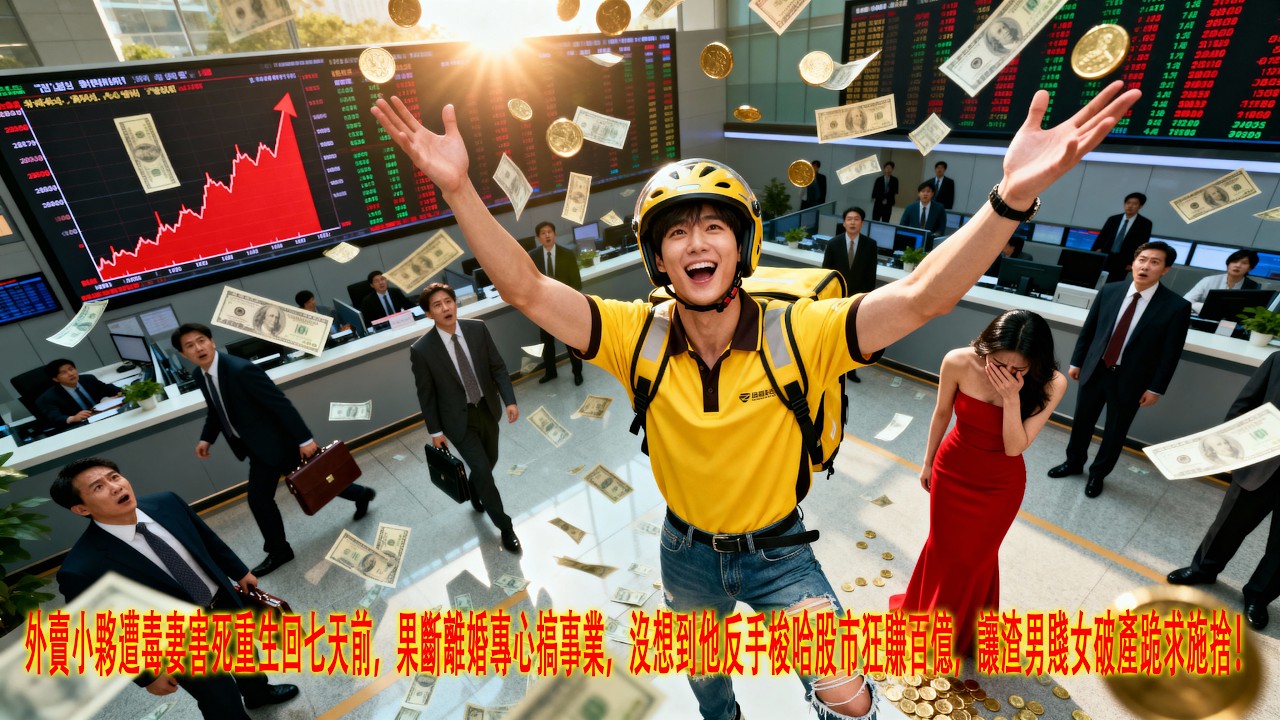 外賣小夥遭毒妻害死重生回七天前，果斷離婚專心搞事業，沒想到他反手梭哈股市狂賺百億，讓渣男賤女破產跪求施捨！