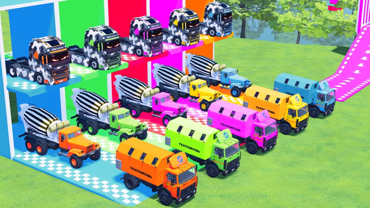 Transport with Colors - ALL MIXER TRUCK WITH DOUBLE FLATBED TRAILER TRUCK, MERCEDES, LIZARD - FS22