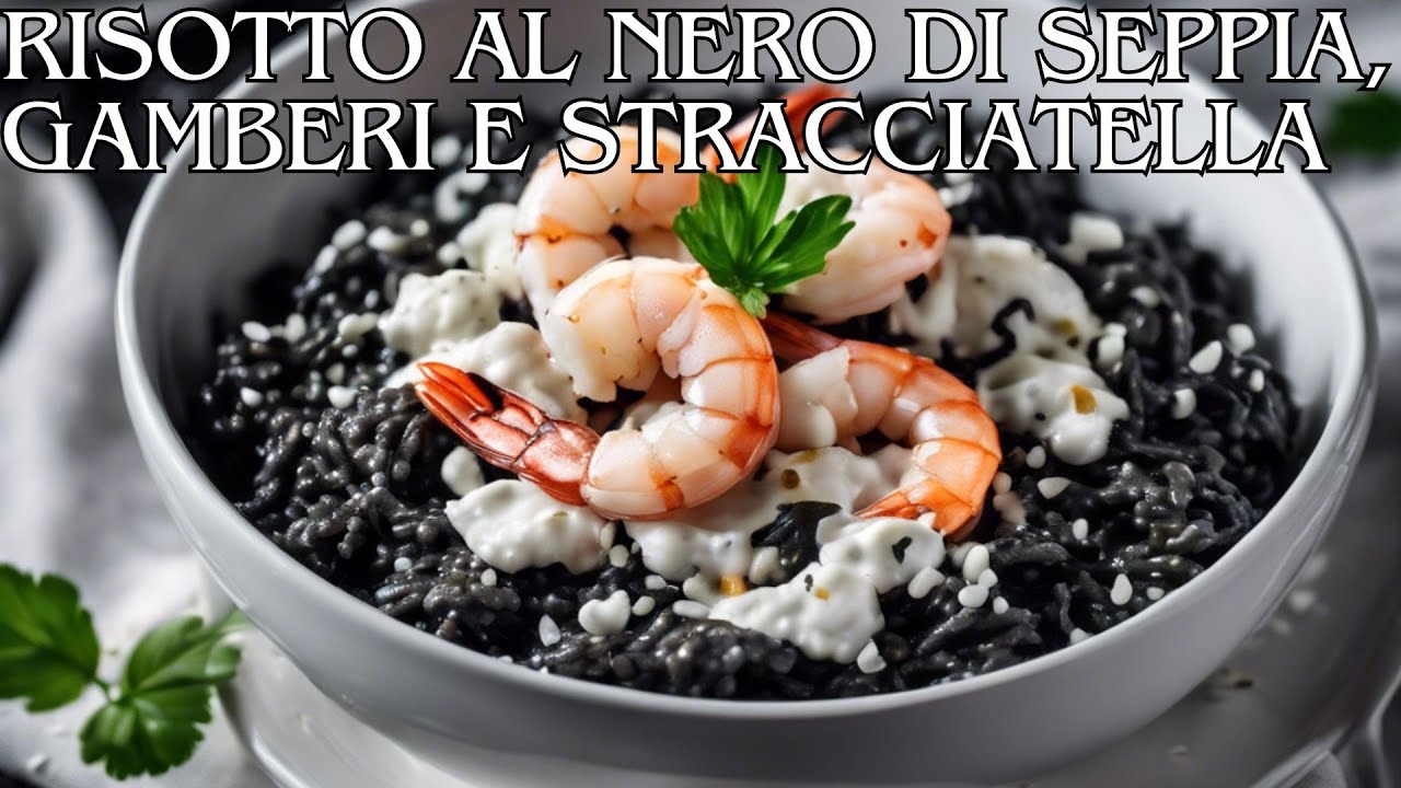 RISOTTO AL NERO DI SEPPIA CON GAMBERI E STRACCIATELLA:Incredibilmente Saporito! Da Leccarsi i Baffi!