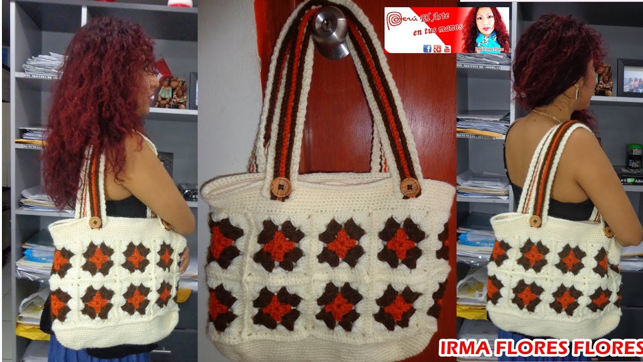 APRENDE A TEJR ESTA CARTERA GRANDE EN CUADROS TEJIDA A CROCHET PASO A PASO
