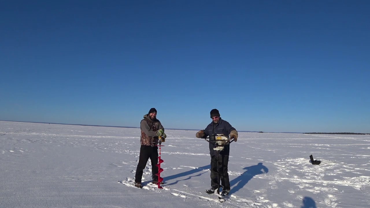 Ice Auger Drag Race. DeWalt powered Eskimo pistol grip vs Gas powered Jiffy