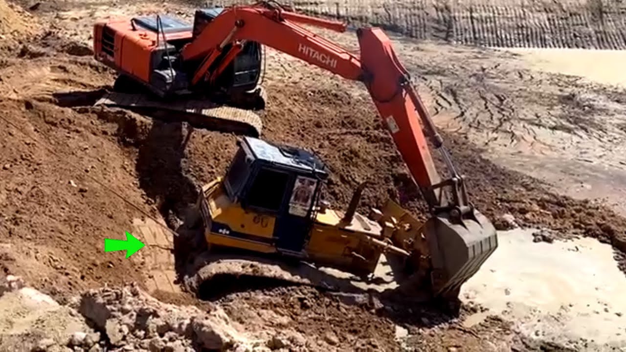 Incredible Landfill! MIX! Bulldozer Komatsu D58E driver Back Uploading overturned Rescue By EXCAVAT…