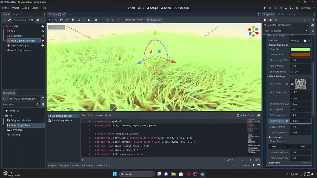 Showcase: 3D stylized Grass shader for Godot 4 - with wind gusts and interaction