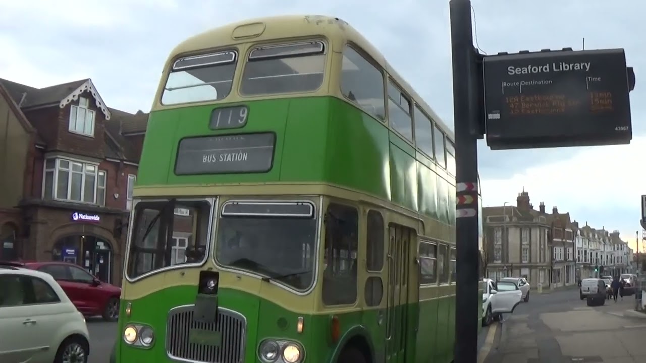 Leyland PD3 Queen Mary bus leaving Seaford Library bus stop, 3rd April 2022
