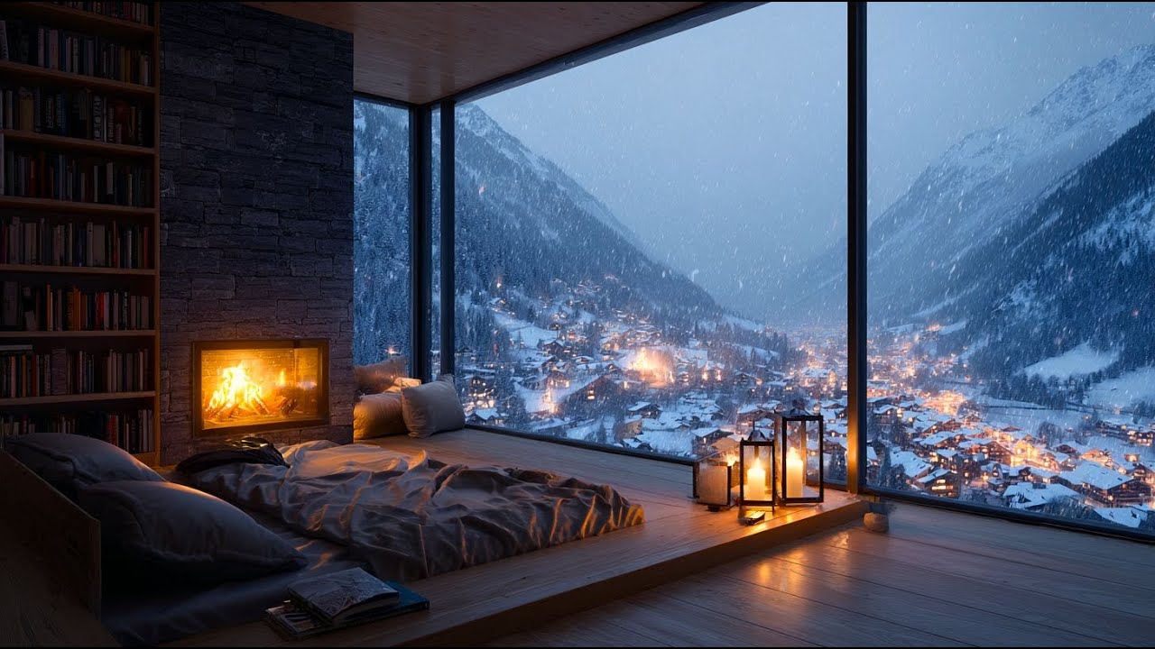 Cozy Winter Cabin Ambience | Warm Fireplace & Soft Snowfall for Relaxation, Focus & Deep Sleep 😴🔥