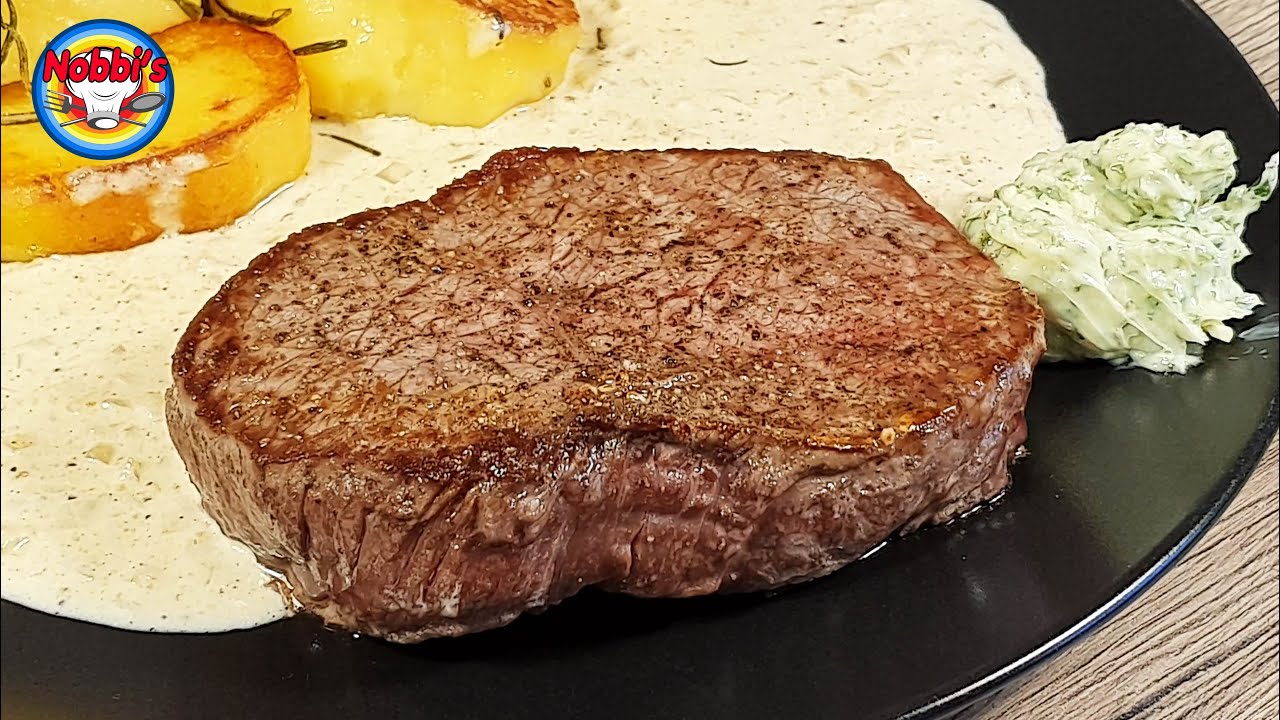 H&uuml;ftsteak richtig anbraten, Sahnesauce und Knoblauchbutter mit Petersilie