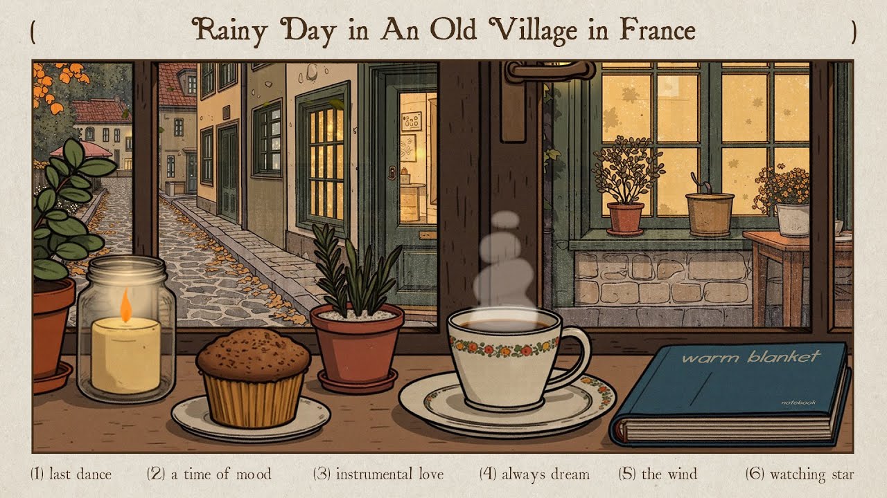 rainy day in an old village in France, hot coffee with muffin