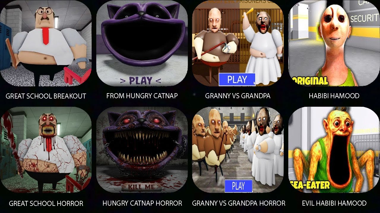 GRANNY VS GRANDPA PRISON RUN,Roblox,RUN FROM HUNGRY CATNAP,EVIL HABIBI HAMOOD,GREAT SCHOOL BREAKOUT
