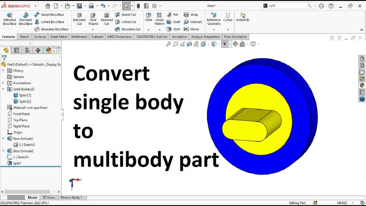 How to Split a Single Body into Multiple Bodies in SolidWorks | Multibody Part Tutorial