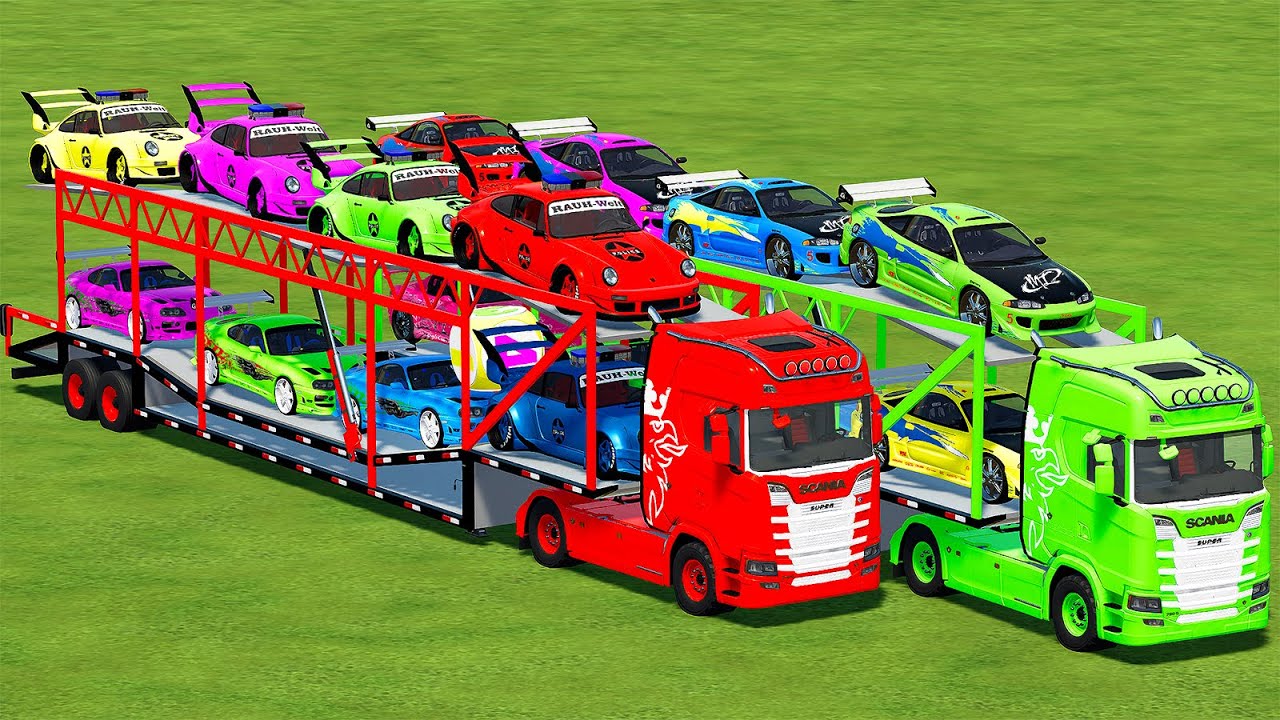 TRANSFERRING PORSCHE 911, TOYOTA SUPRA, HONDA WITH SCANIA TRUCKS! Farming Simulator 22