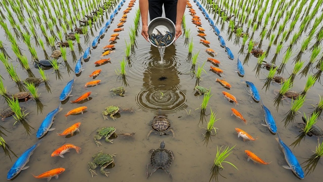 Real Aquatic Wildlife in Rice Paddies — Fish Splashing & Frogs in Hand