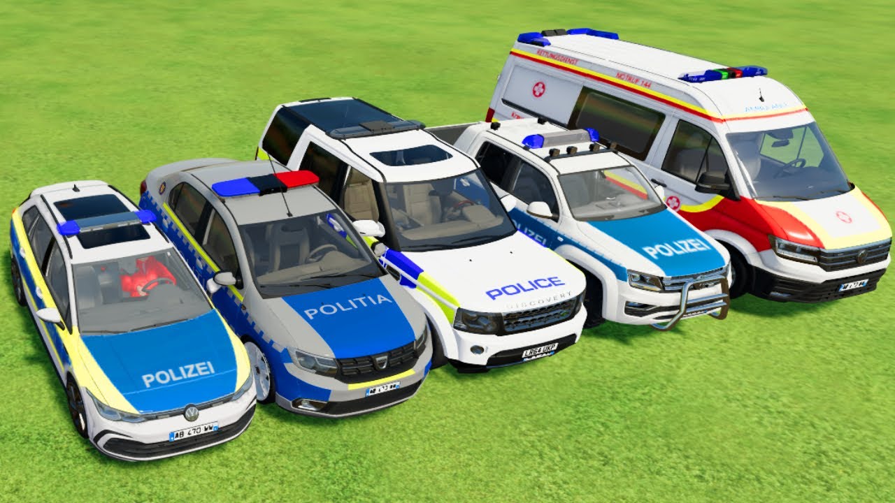 TRANSPORTING POLICE CARS, AMBULANCE, FIRE TRUCK, COLORFUL CARS WITH TRAIN -FARMING SIMULATOR 22!