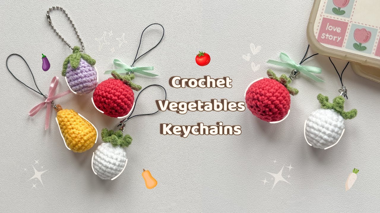 Crochet Mini Vegetable Keychains | Tomato, Eggplant, Carrot | Easy & Cute DIY Tutorial 🍅