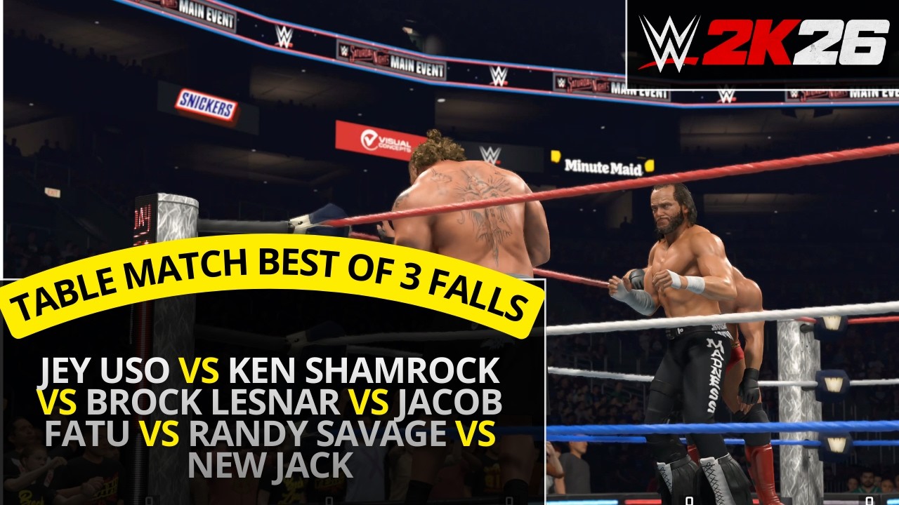 WWE 2K26 – Brock Lesnar vs Randy Savage vs Jey Uso vs Jacob Fatu (6 Way Table Match Best of 3 Falls)