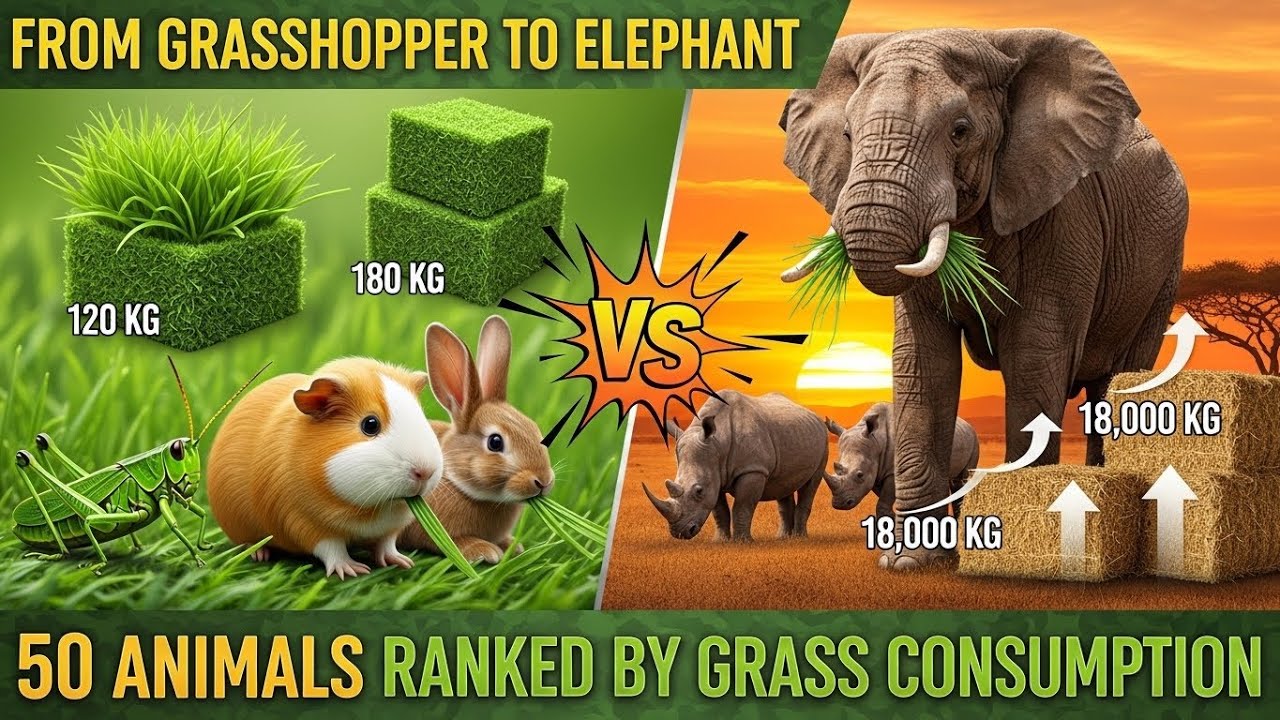 From Grasshopper to Elephant: 50 Animals Ranked by Grass Consumption Annually.