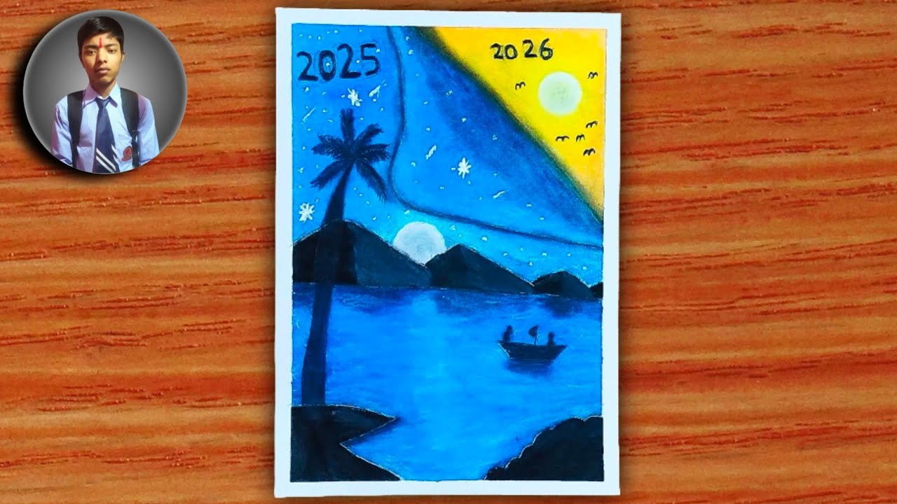 Easy New Year 2026 Night and Day Drawing Sky Beginners With Oil Pastel Happy New Year Drawing 2026