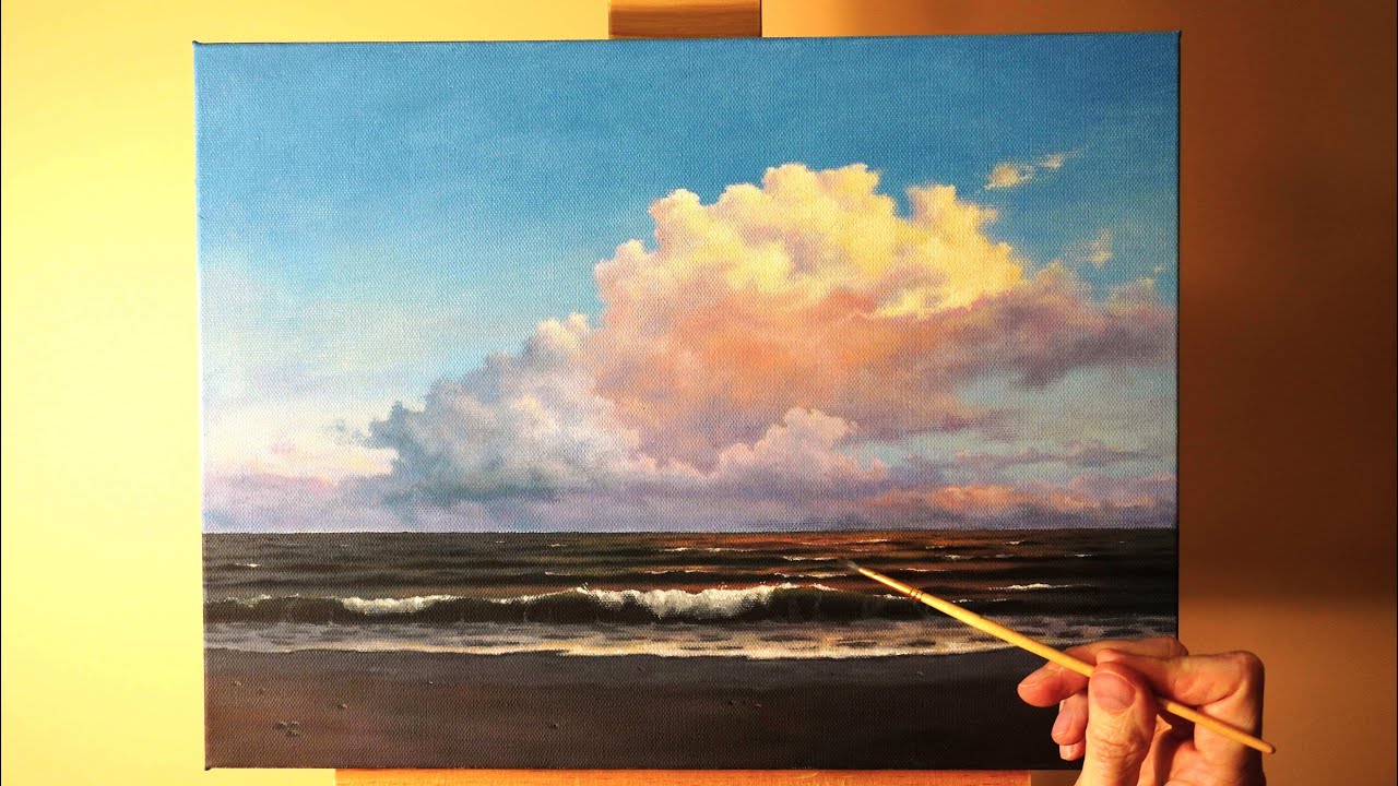''Sunset vibes with charming clouds''  realism style seascape oil painting process. 4K.