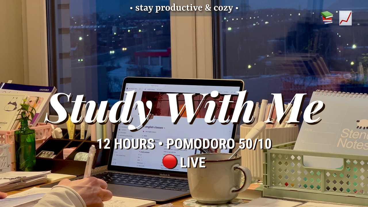 Challenge | 12 HR STUDY WITH ME &bull; Pomodoro 50/10 | Relaxing Fireplace Sound