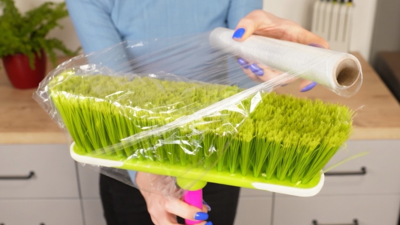 Le balai toujours propre. Astuce simple avec du film alimentaire