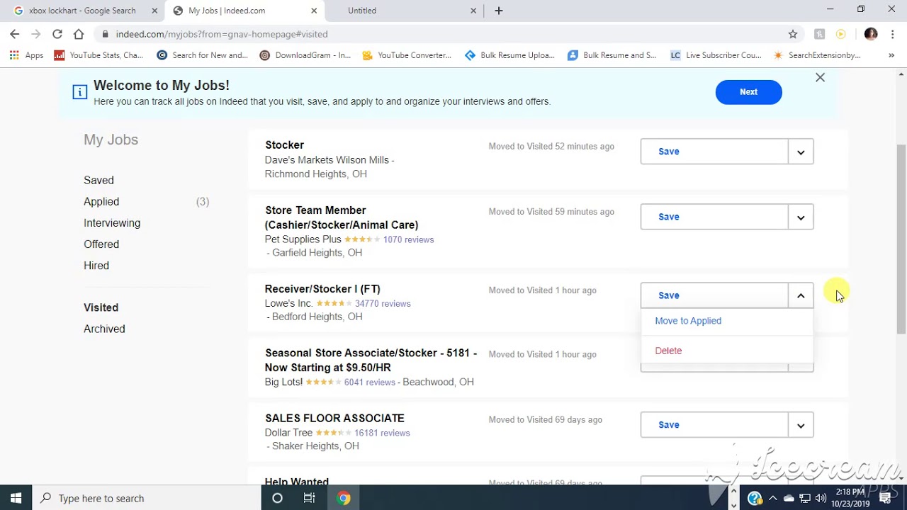 Oct 23 2019 Jobs visted