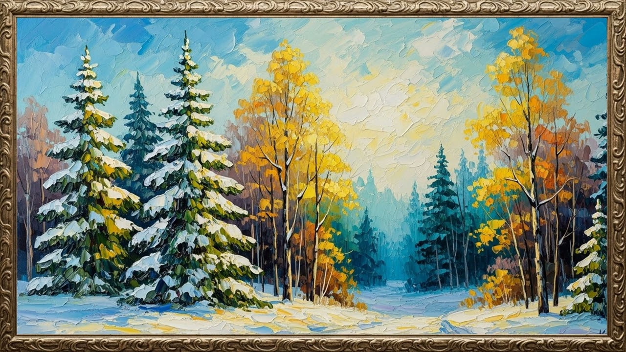 Winter Pine Forest ❄️  2 Hour Vintage Oil Painting for TV Art 4K, No Music