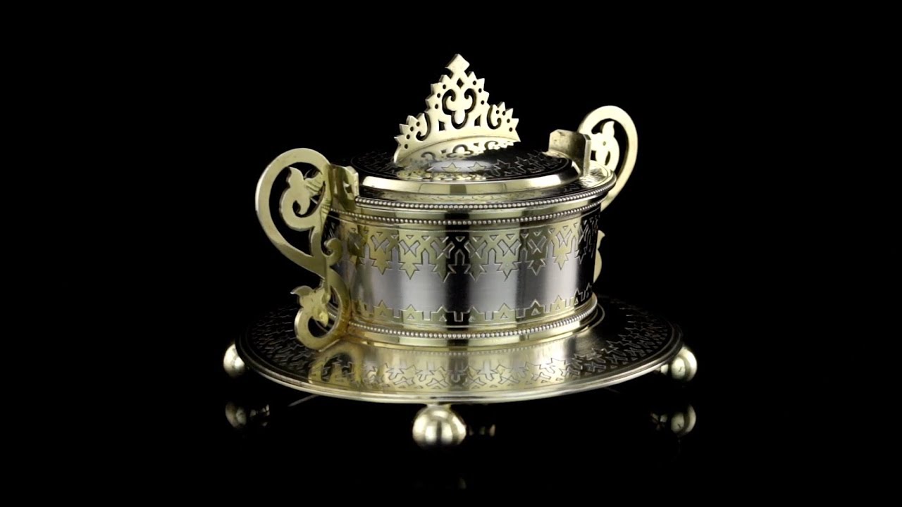 ANTIQUE 19thC RUSSIAN SOLID SILVER CAVIAR SERVING SET, MIKHAIL ISAKOV c 1888