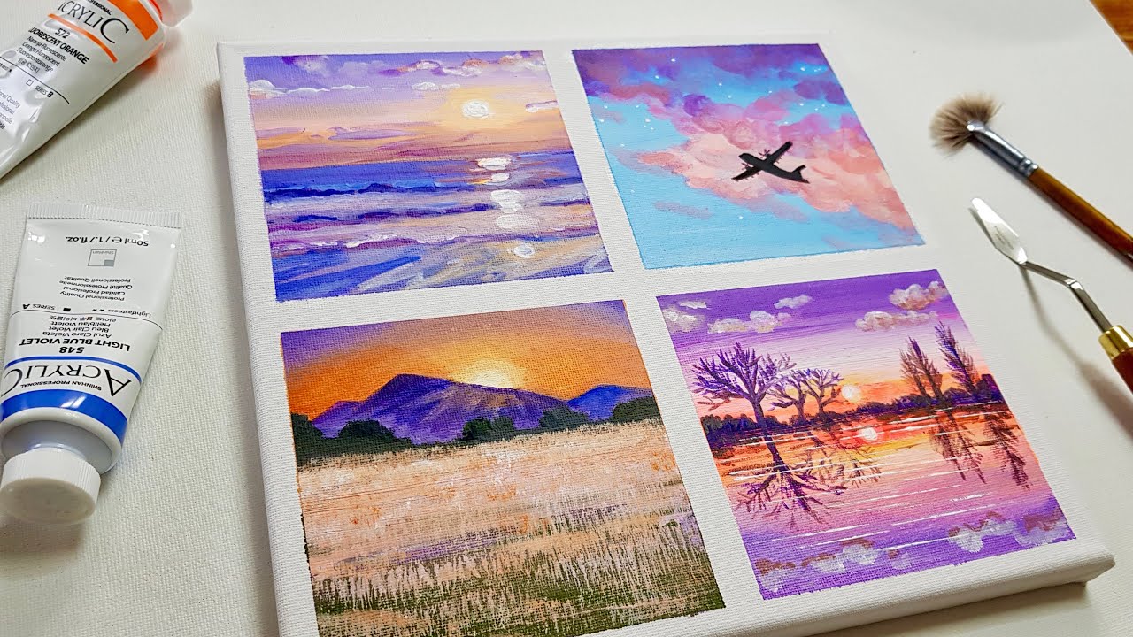 Acrylic painting 4 type of Sunset landscapes for beginners