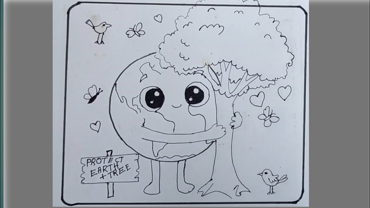 🌍 Earth Hugging Tree Drawing | Save Earth Save Tree Poster | Easy Outline Drawing for Kids | PART -1