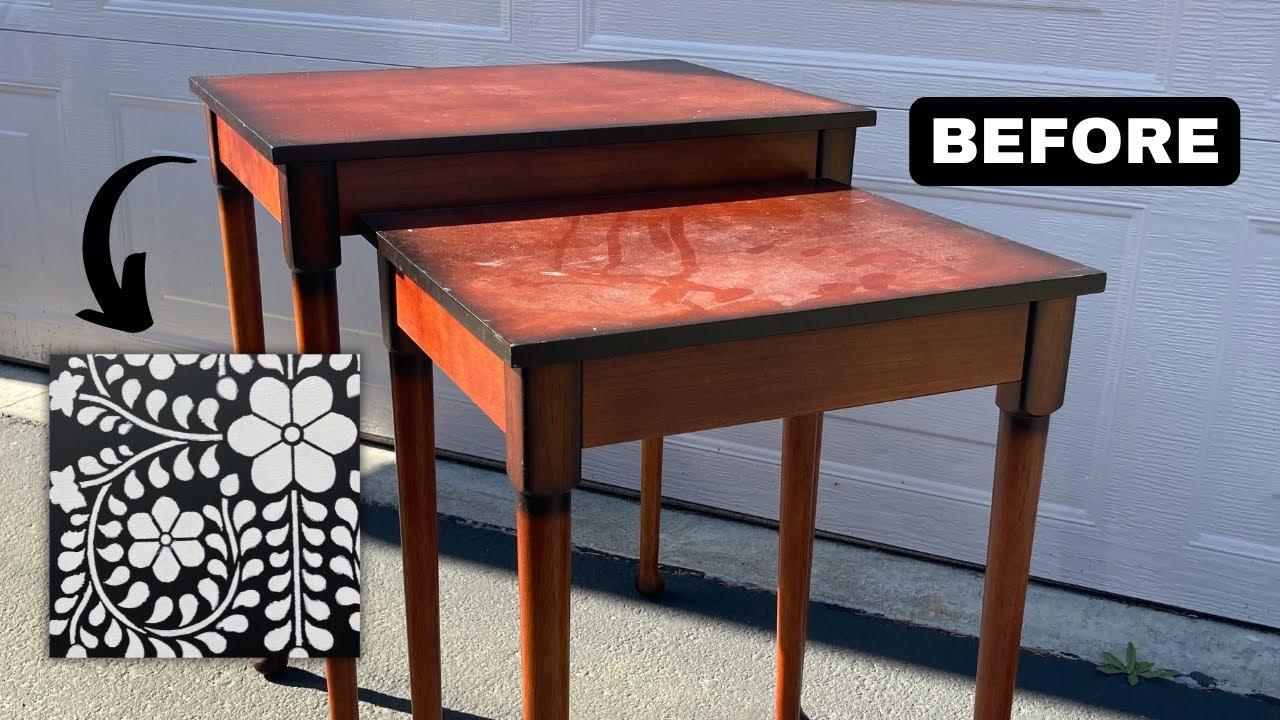 Creating a Bone Inlay Look on Nesting Tables I Got For Free || Free Furniture Flip || How to Stencil