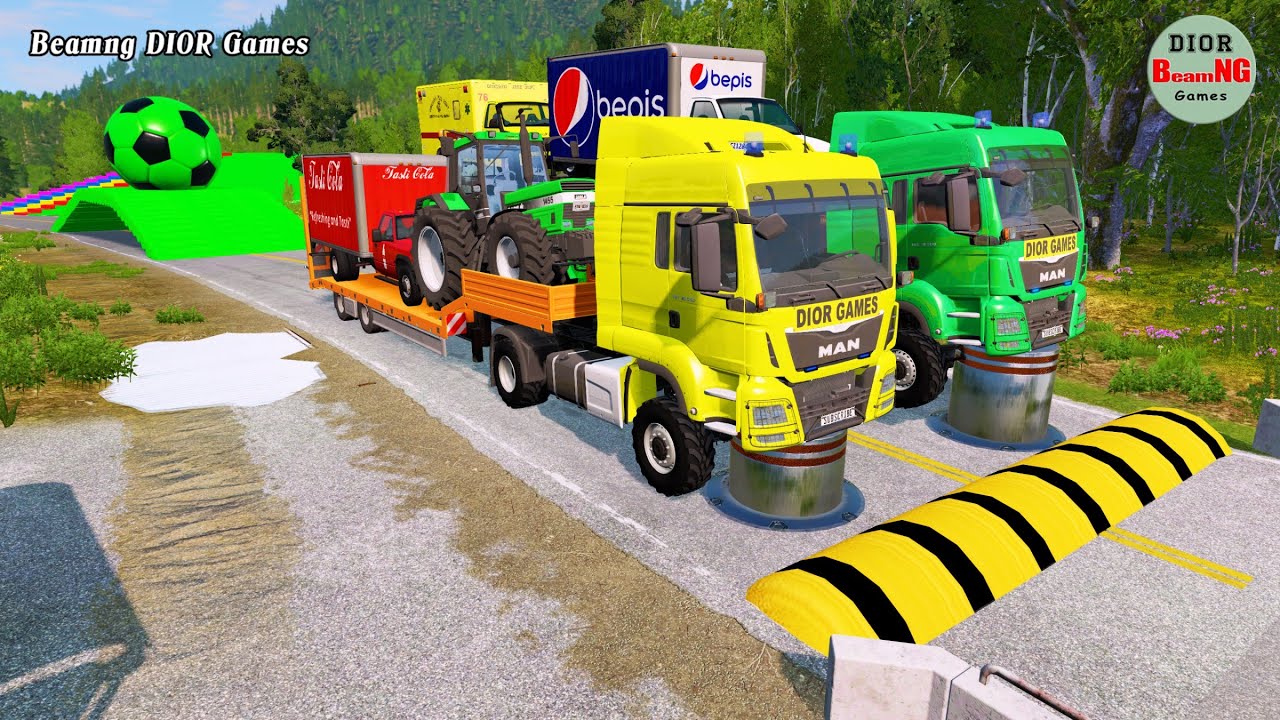 Double Flatbed Trailer Truck vs speed bumps|Busses vs speed bumps|Beamng Drive|532