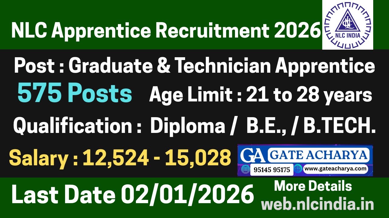 NLC India Apprentice Recruitment 2026, Apply Online For 575 Posts #nlcjobs #jobrecruitment #govtjob