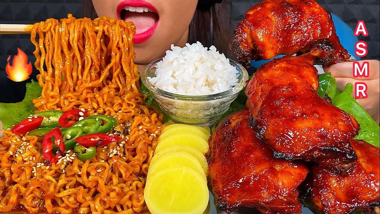 ASMR EATING SAMYANG FIRE NOODLES BBQ CHICKEN PICKLED RADISH HOT CHILLI & RICE 먹방 Real Sounds