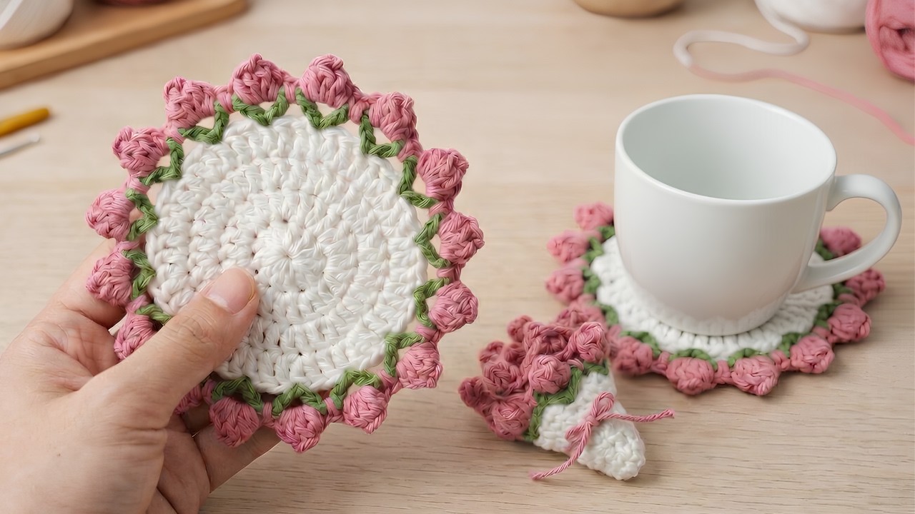 Простой вязаный крючком букет из цветов подставки под кружку 🌸 Урок для начинающих