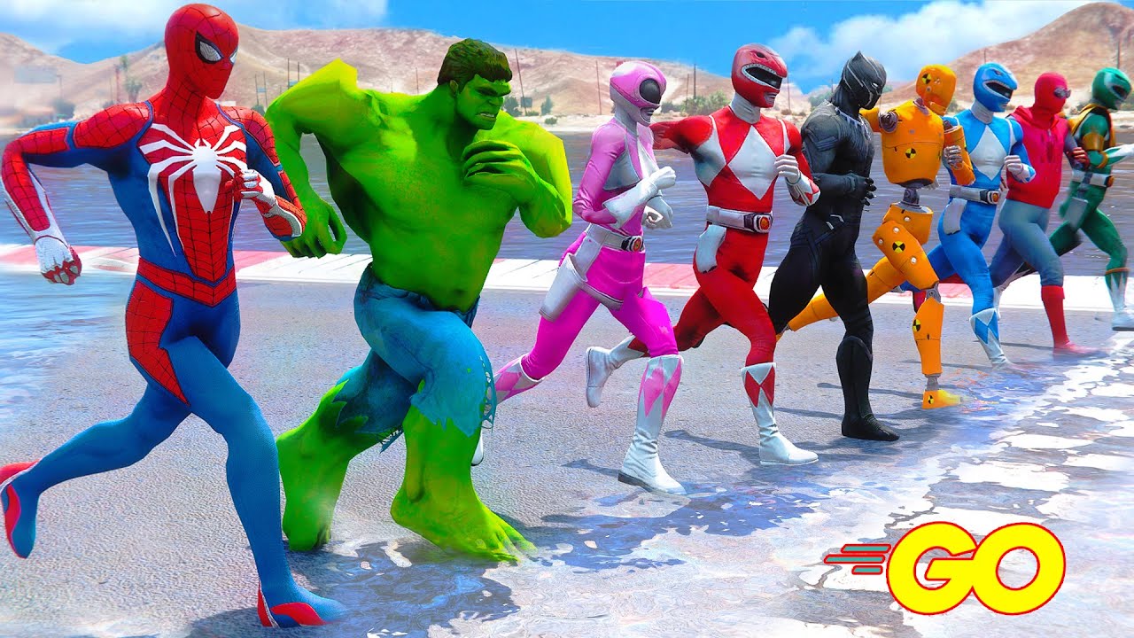 Superheroes Marathon Running Challenge Spiderman, Superhero Hulk, Krrish, Goku - GTA 5