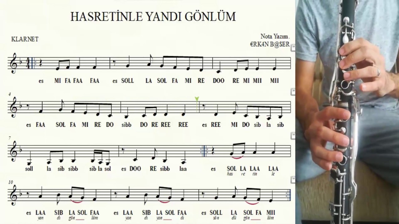 HASRETİNLE YANDI G&Ouml;NL&Uuml;M klarnet NOTALARI eşlikli