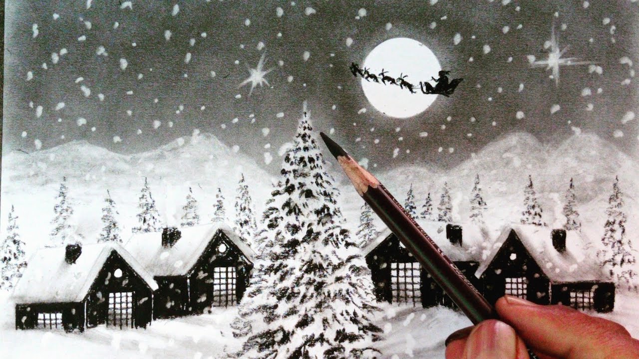 Pencil drawing landscape of santa claus christmas season// Merry christmas//