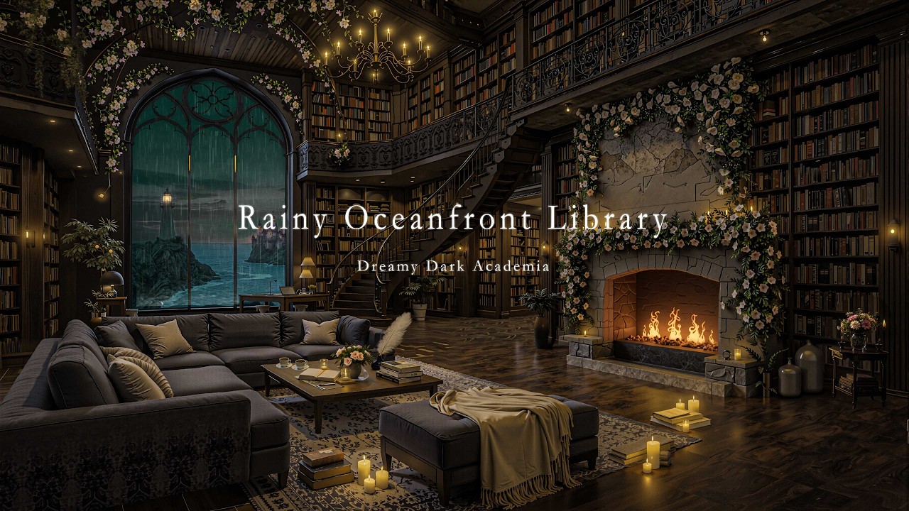 Rainy Oceanfront Gothic Library 🌧️ Cozy Fireplace & Dark Academia Music for Study, Work & Deep Focus