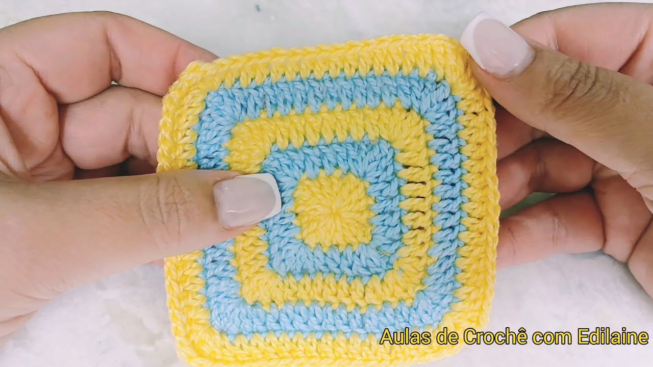 Quadradinho de crochê fácil com duas cores sem cortar a linha passo a passo