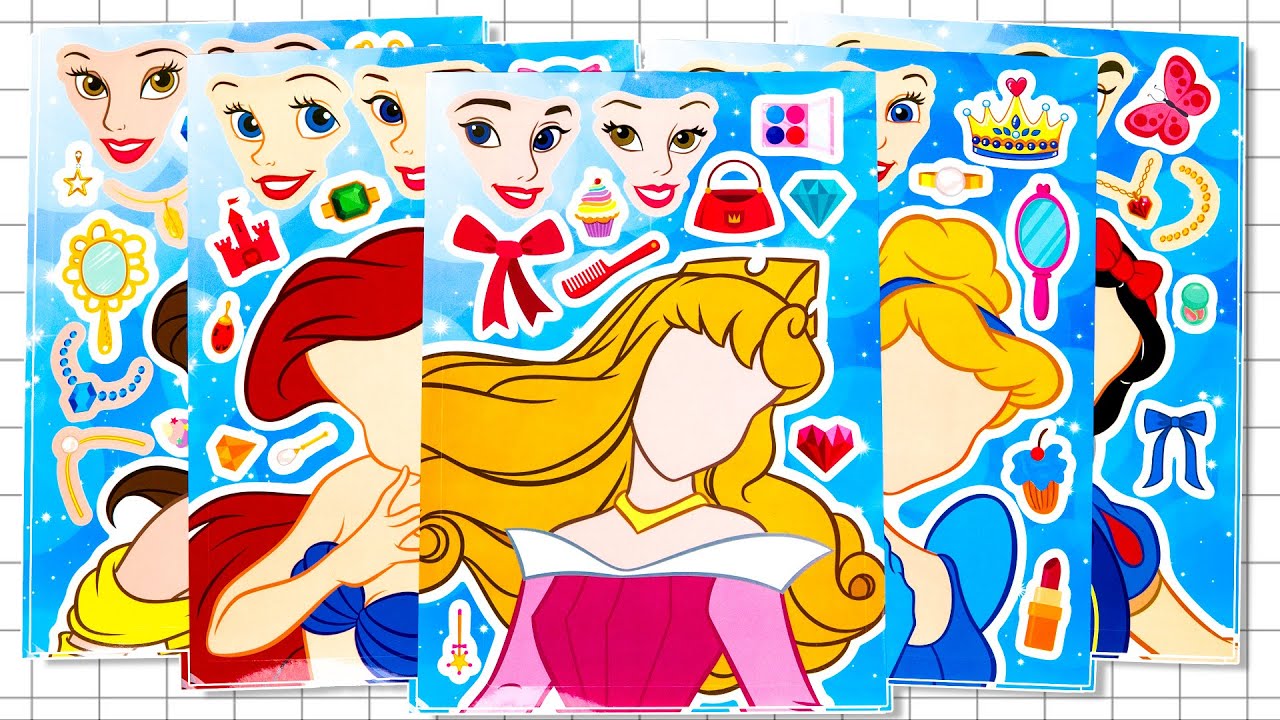 DISNEY PRINCESS STICKER BOOK MAKEOVER 👗| FUN WITH AURORA, RAPUNZEL, BELLE & ELSA!