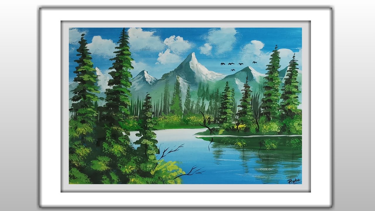Poster Colour Painting of a Landscape | Mountains behind the trees