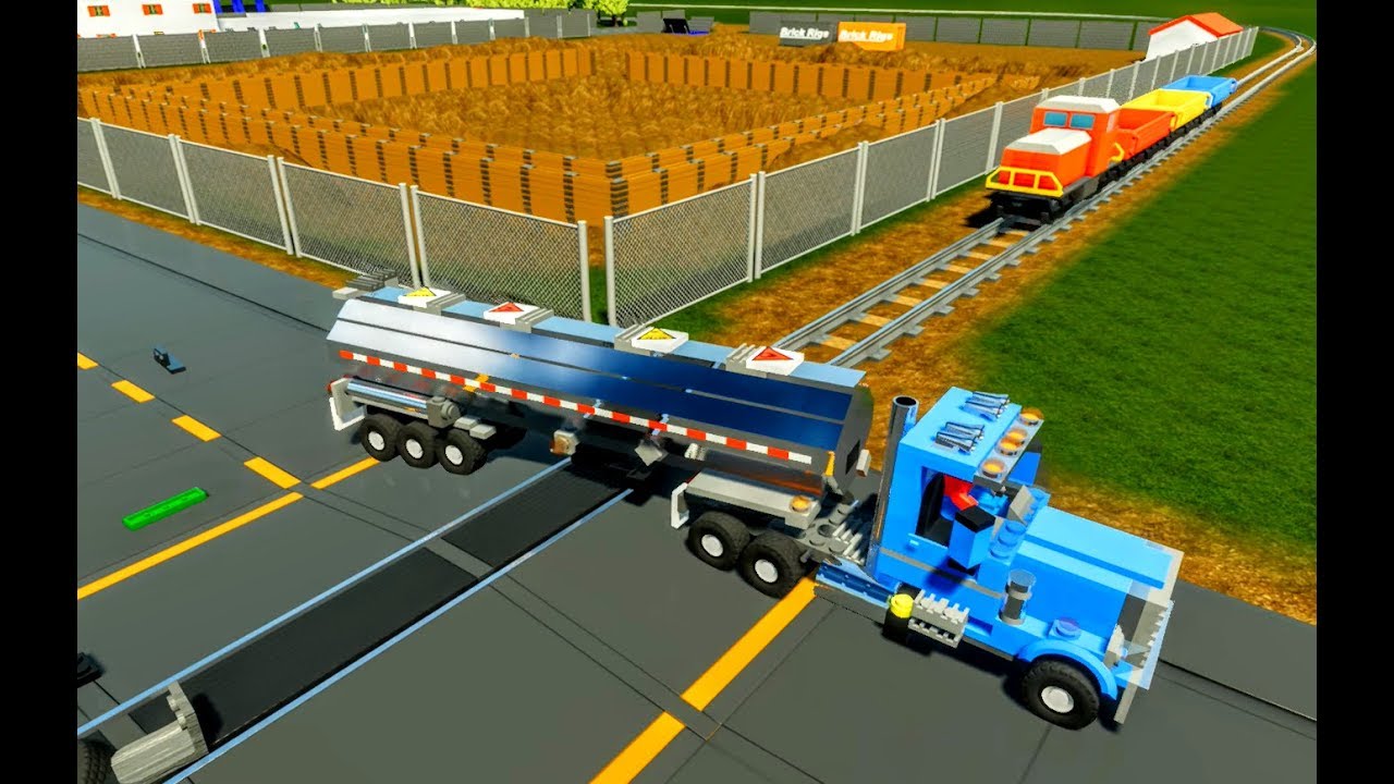 Lego Cars & Tanker Trucks vs Lego Train - Brick Rigs - Realistic Crashes