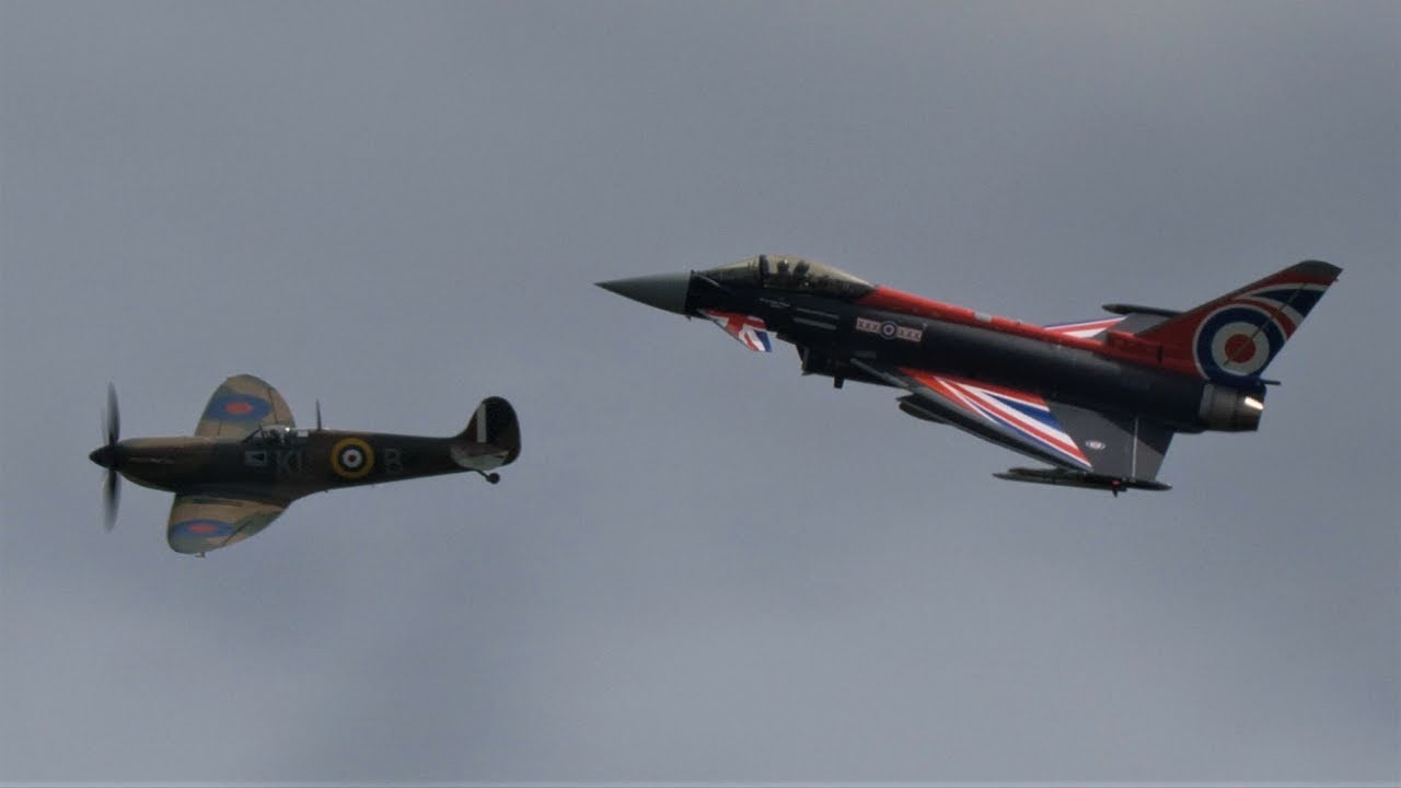 RAF Typhoon Solo Display 2022 and Spitfire formation