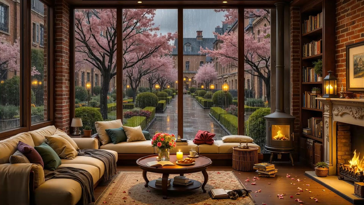 Elegant Jazz Background Music on a Spring Rainy Day 🌧️ Cozy Cafe with Crackling Fireplace for Relax