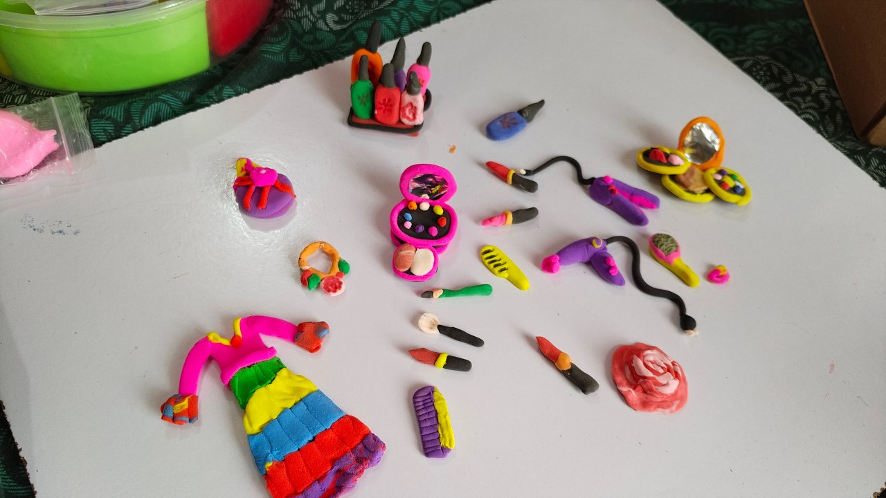 Diy How to make polymer clay miniature makeup lipstick, eyeshadow, dress and dryer etc