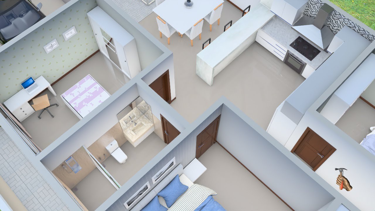 Planta 3D com três  Quartos  com Cozinha Americana e Closet