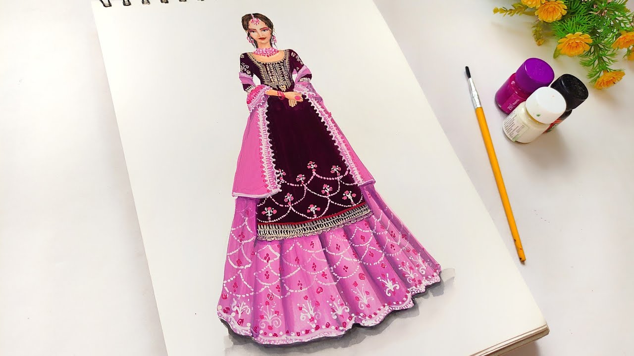 A girl with beautiful salwar suit style dress drawing | traditional dress | fashion illustration..