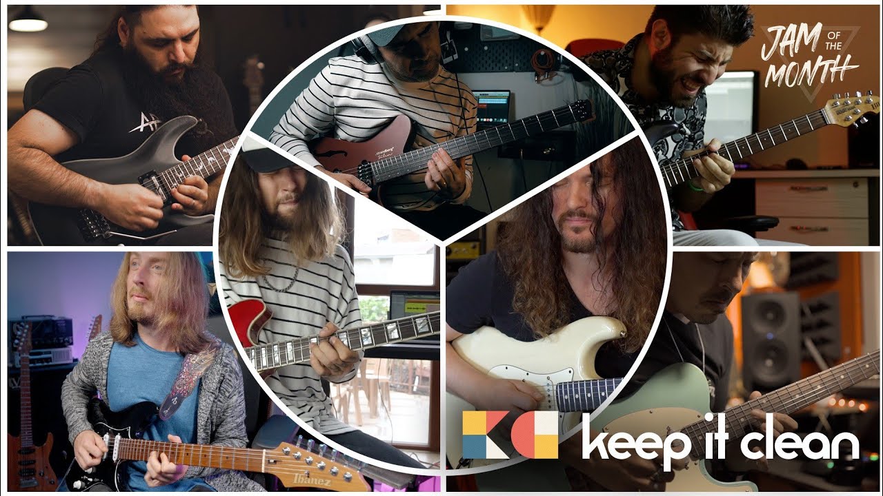 Seven guitarists solo over a chilled out track