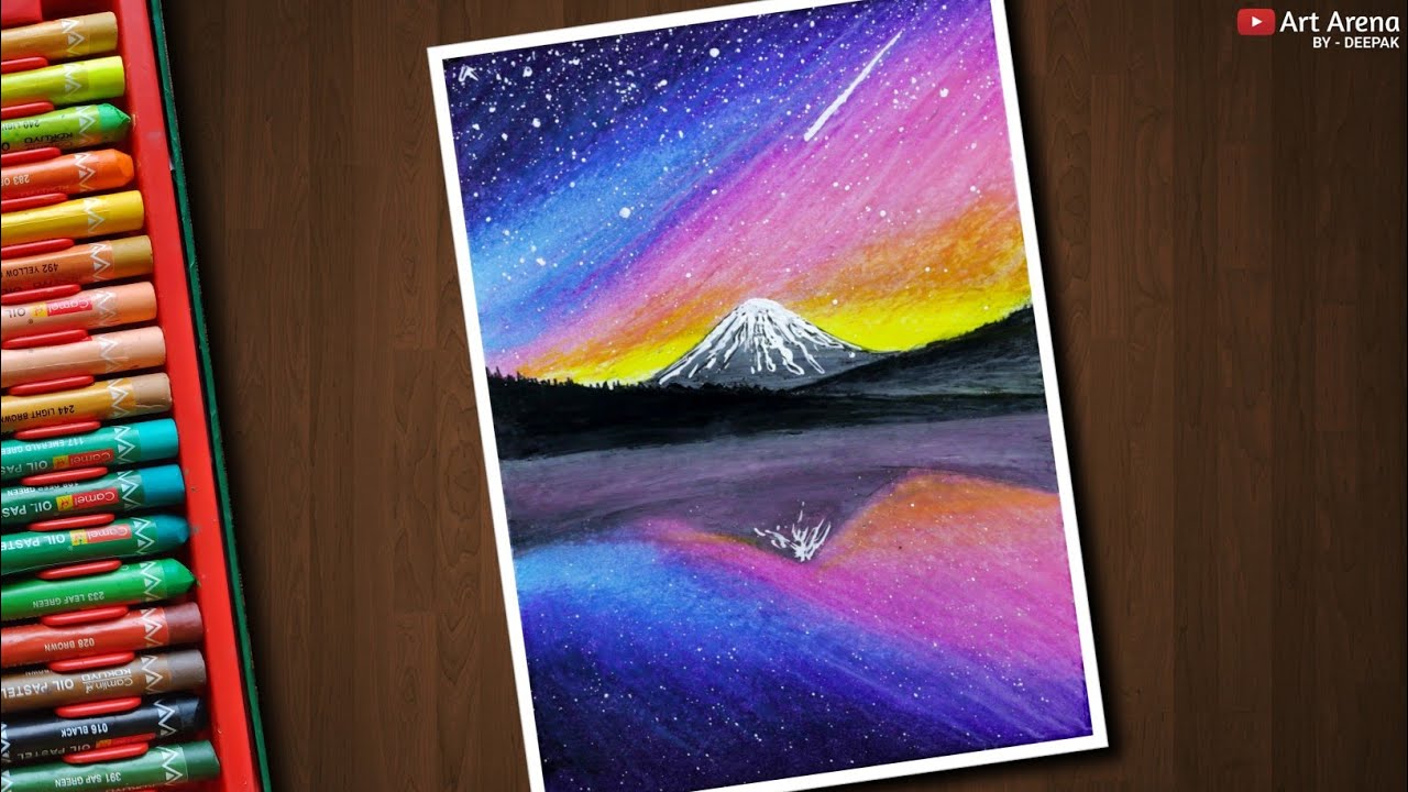 Galaxy Mountain Landscape drawing for beginners with Oil Pastels - step by step